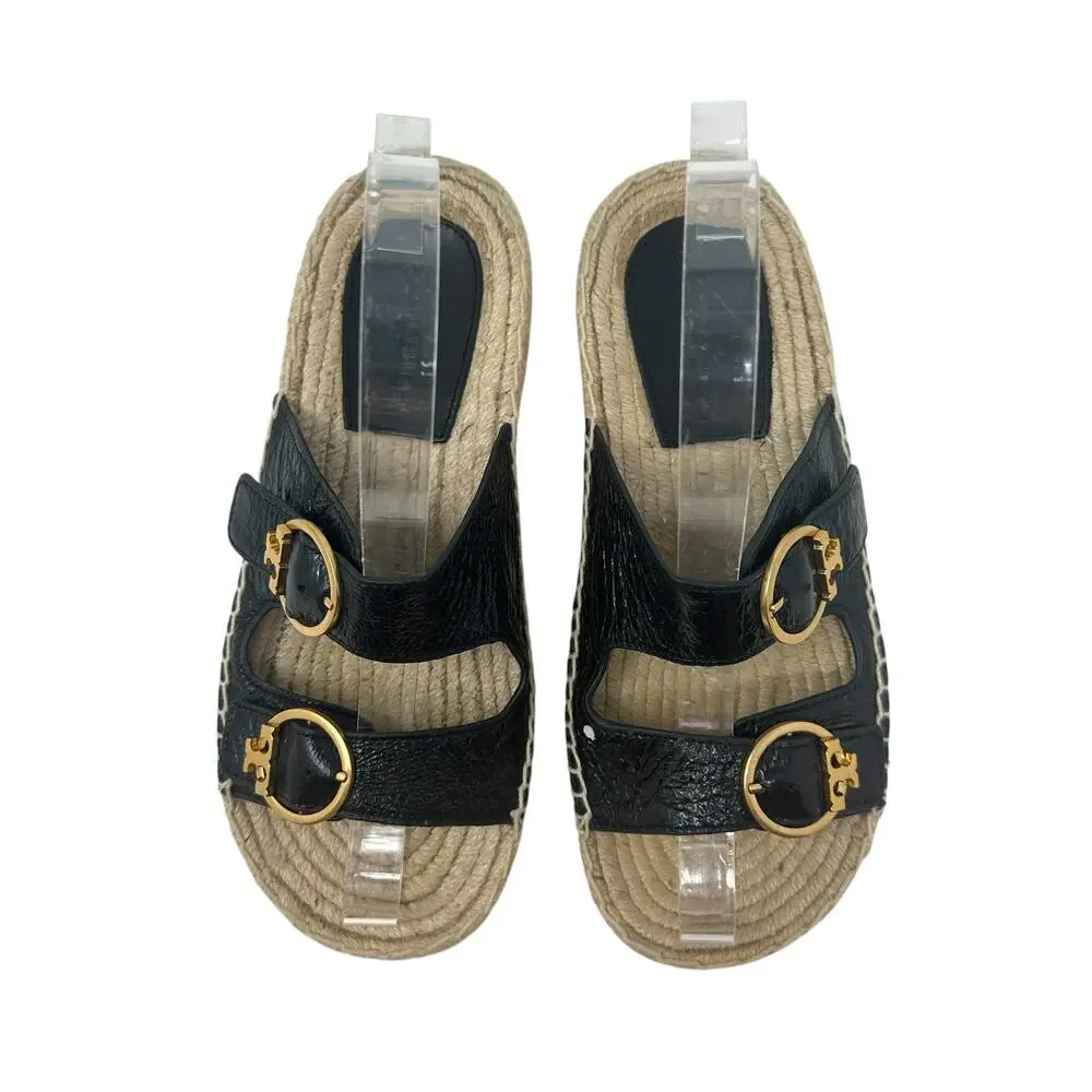 Tory Burch Selby‎ Patent Leather Espadrille Slide Sandals Black Size US 6.5